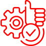 Red gear, thumbs up, and checkmark icon.