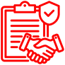 Red handshake, shield, and clipboard icon.